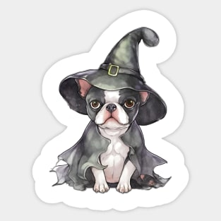 Watercolor Boston Terrier Dog in Witch Hat Sticker